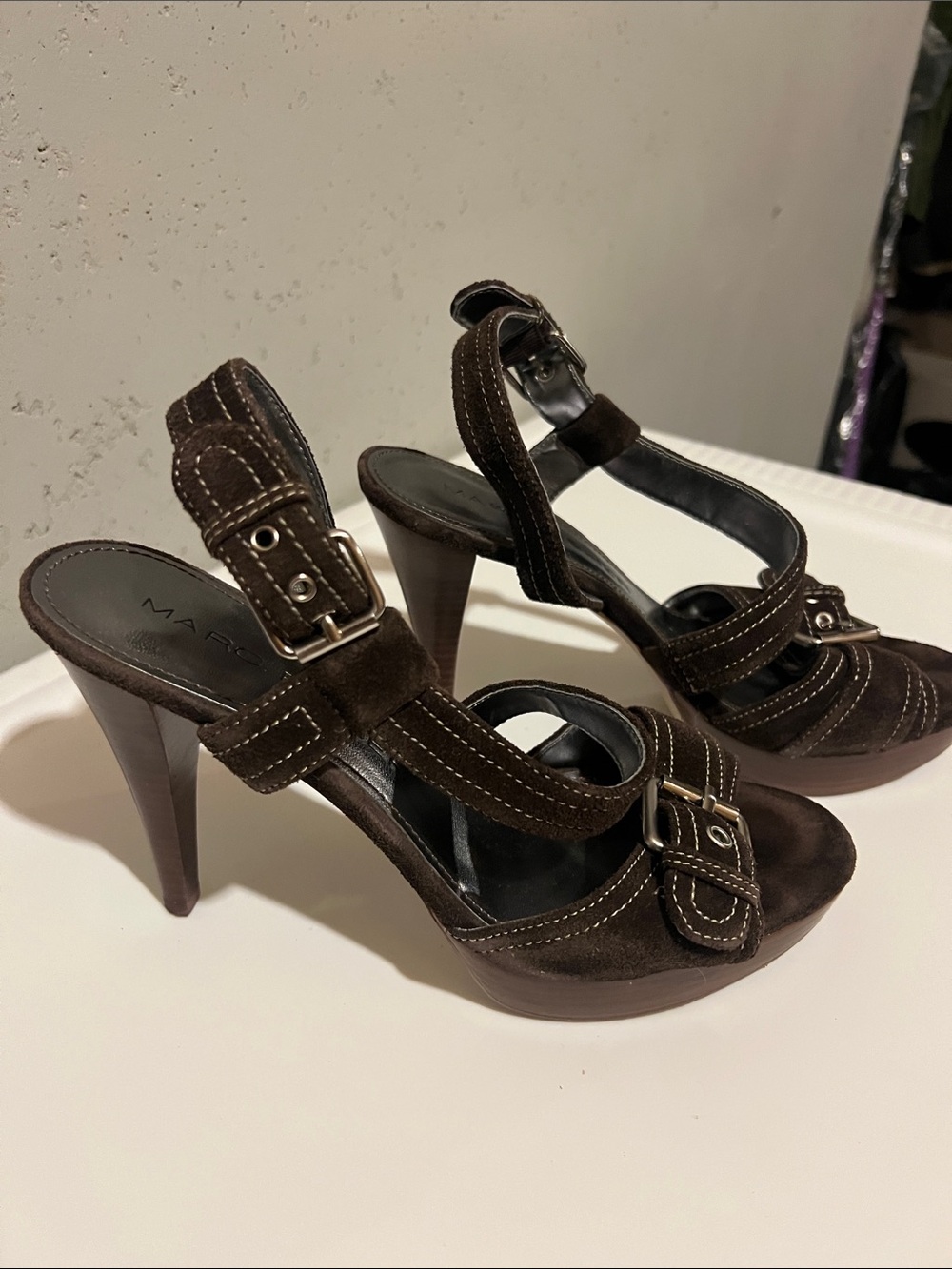 Marc Fisher Dark Brown Suede Buckle High Heel Sandals
